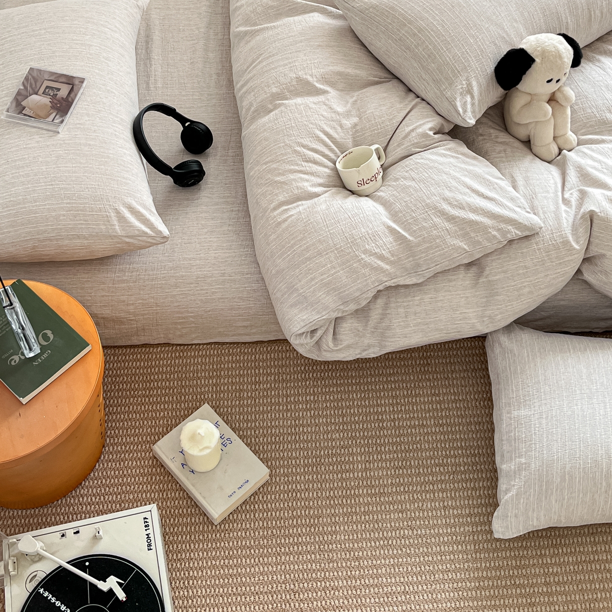 91家纺网 家纺一手货源 找家纺 蓝极人 2026新款色织水洗麻纯色四件套 烟茶