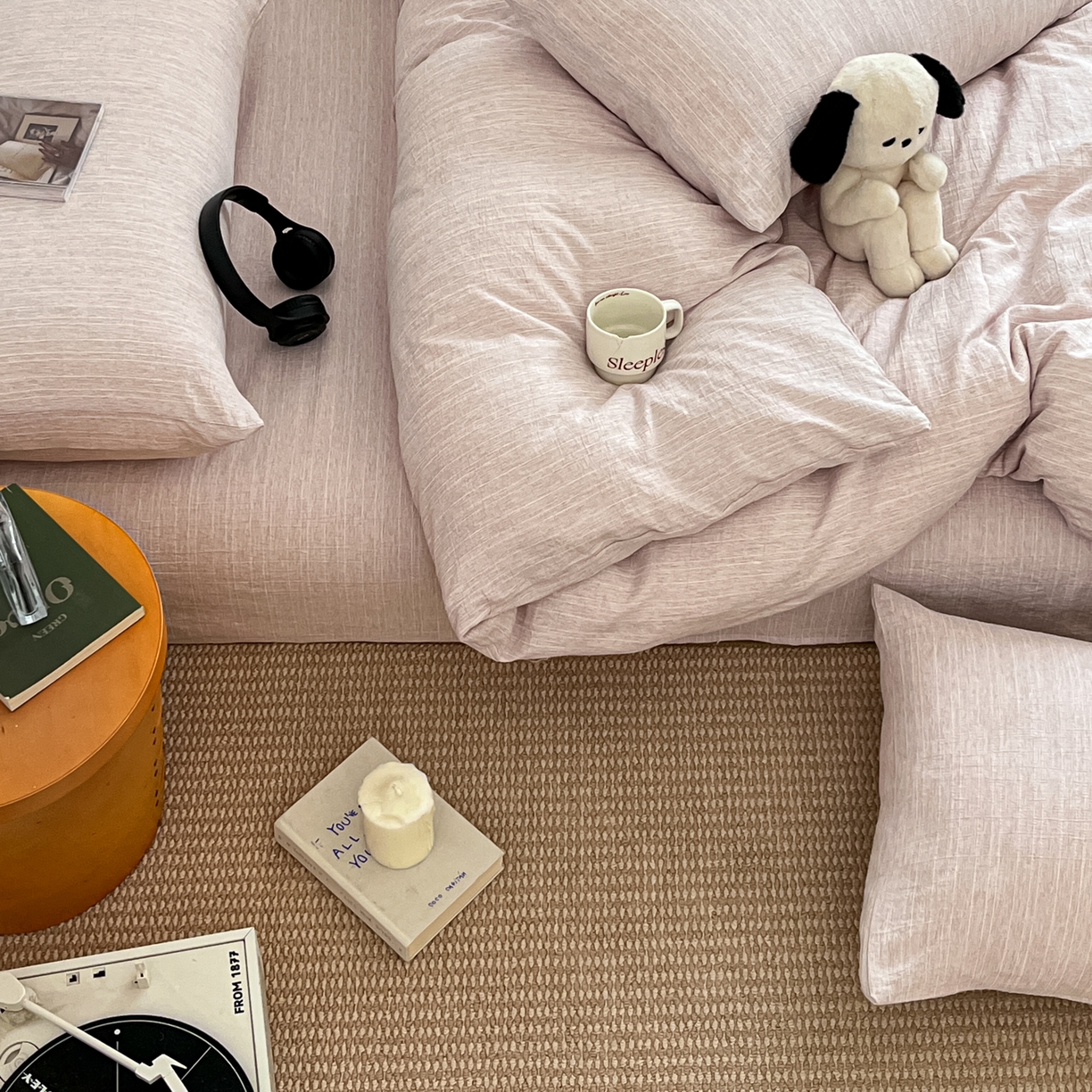 91家纺网 家纺一手货源 找家纺 蓝极人 2026新款色织水洗麻纯色四件套 玫瑰粉