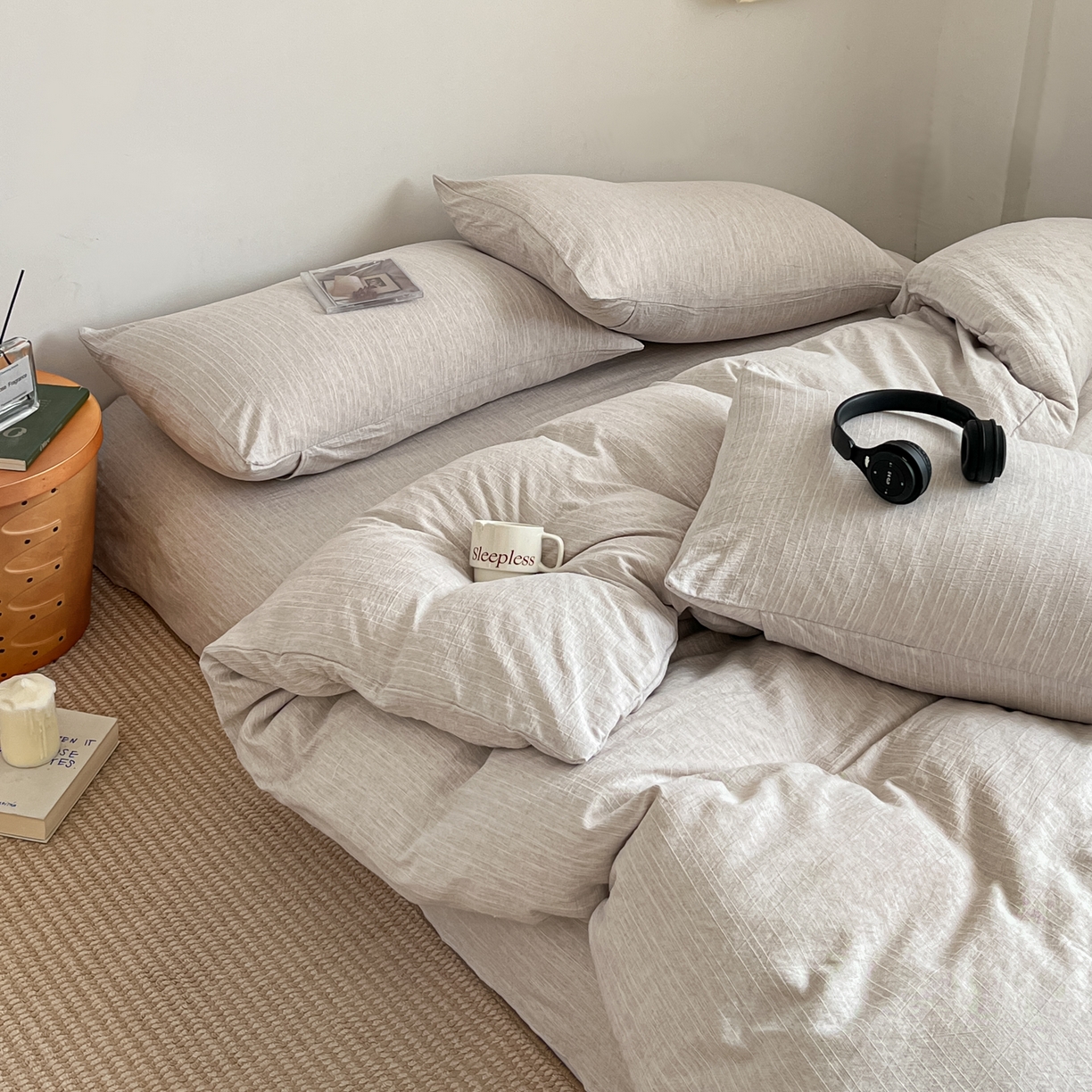 91家纺网 家纺一手货源 找家纺 蓝极人 2026新款色织水洗麻纯色四件套 烟茶