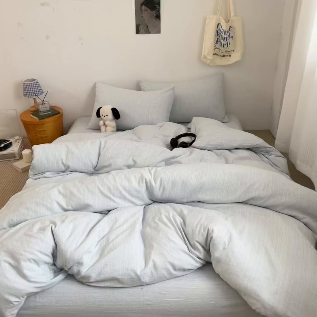 91家纺网 家纺一手货源 找家纺 蓝极人 2026新款色织水洗麻纯色四件套 湖水蓝