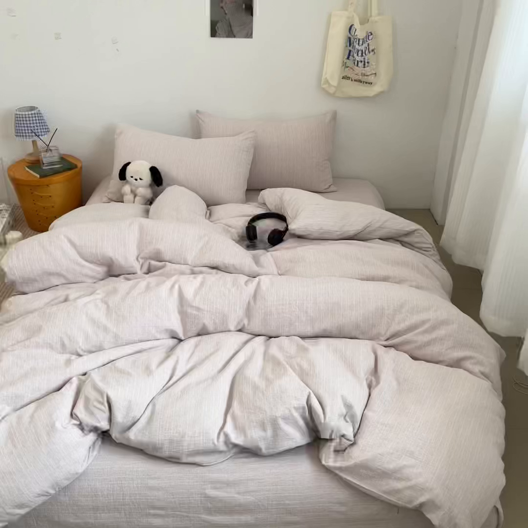 91家纺网 家纺一手货源 找家纺 蓝极人 2026新款色织水洗麻纯色四件套 玫瑰粉