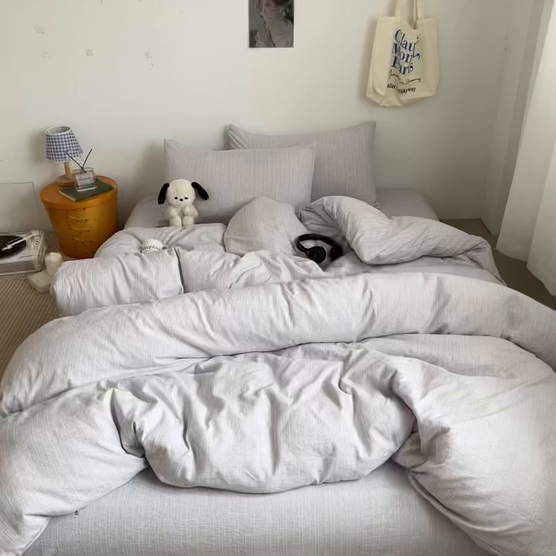 91家纺网 家纺一手货源 找家纺 蓝极人 2026新款色织水洗麻纯色四件套 烟茶