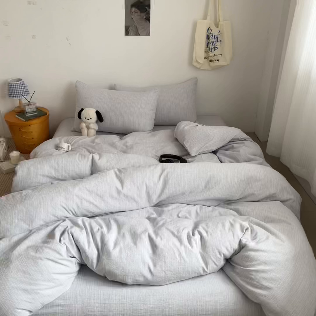 91家纺网 家纺一手货源 找家纺 蓝极人 2026新款色织水洗麻纯色四件套 牛仔蓝