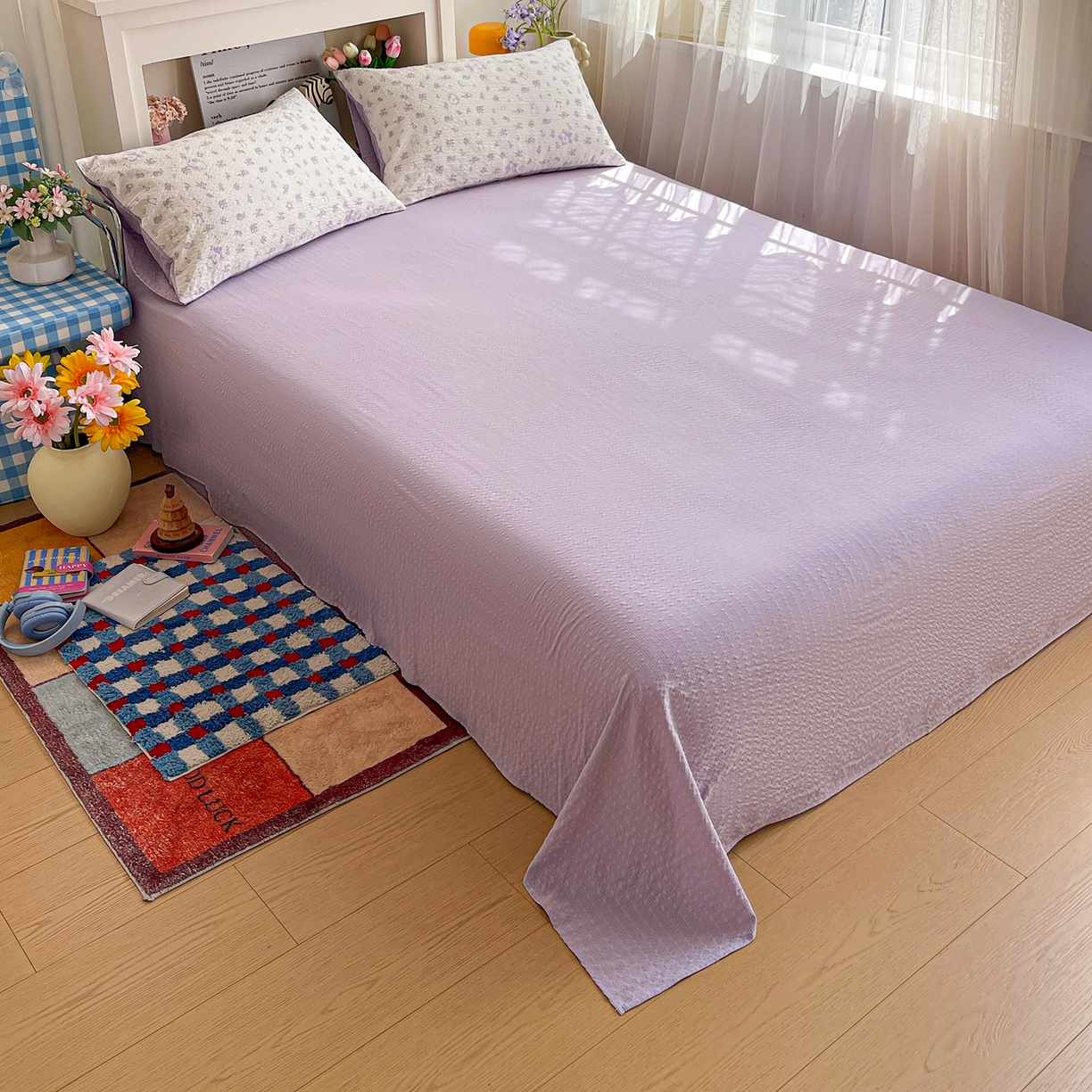 91家纺网 家纺一手货源 找家纺 N先生+V 13814689556 发大图/买家秀 2026新款A类软糯糯泡芙纱四件套 紫梦花语