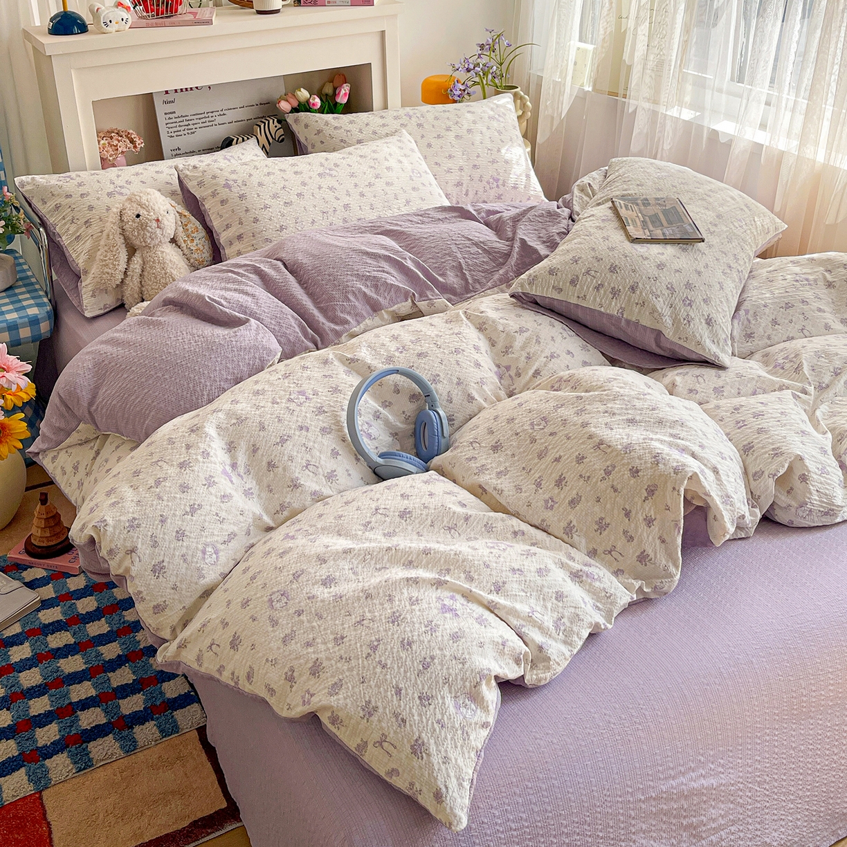 91家纺网 家纺一手货源 找家纺 N先生+V 13814689556 发大图/买家秀 2026新款A类软糯糯泡芙纱四件套 紫梦花语