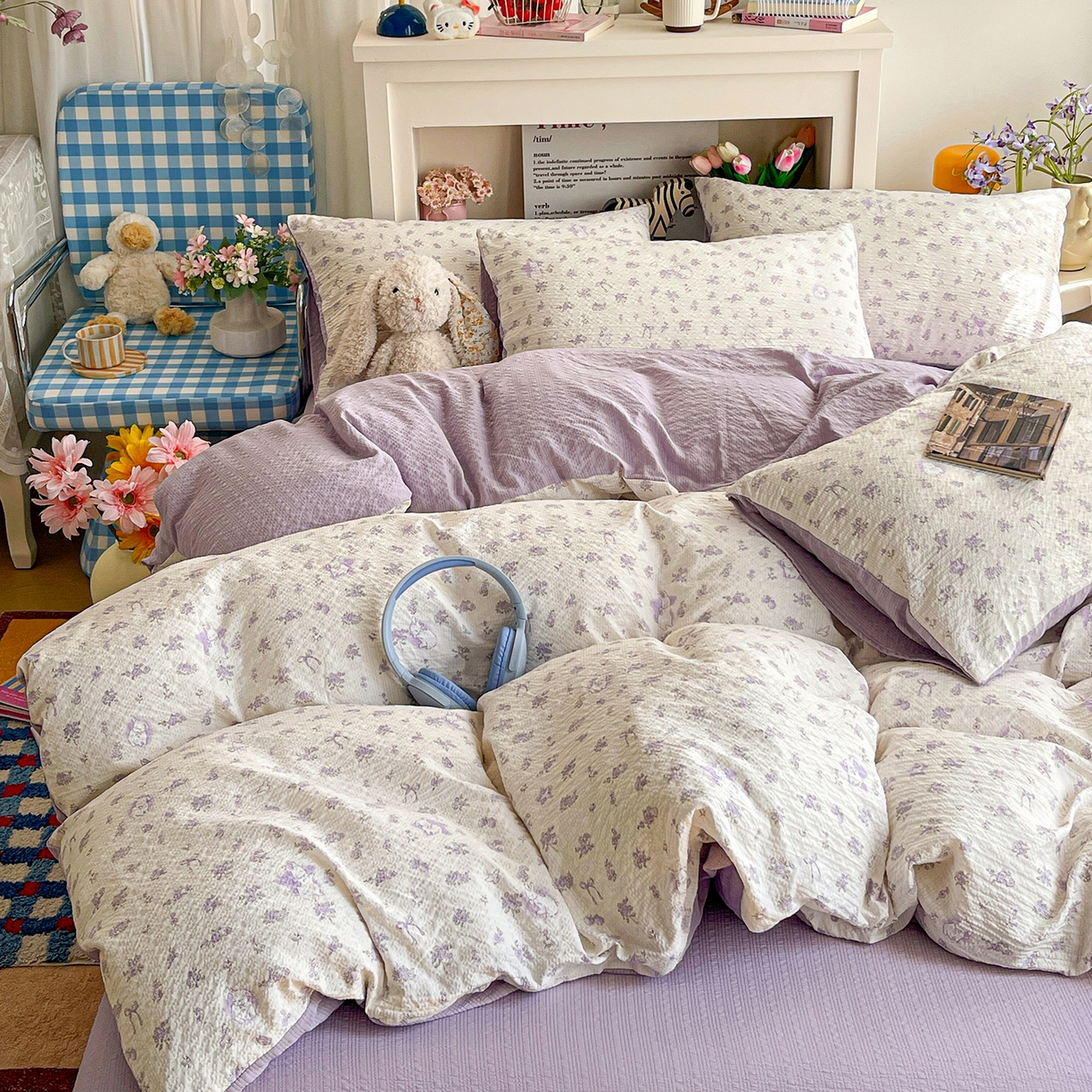 91家纺网 家纺一手货源 找家纺 N先生+V 13814689556 发大图/买家秀 2026新款A类软糯糯泡芙纱四件套 紫梦花语