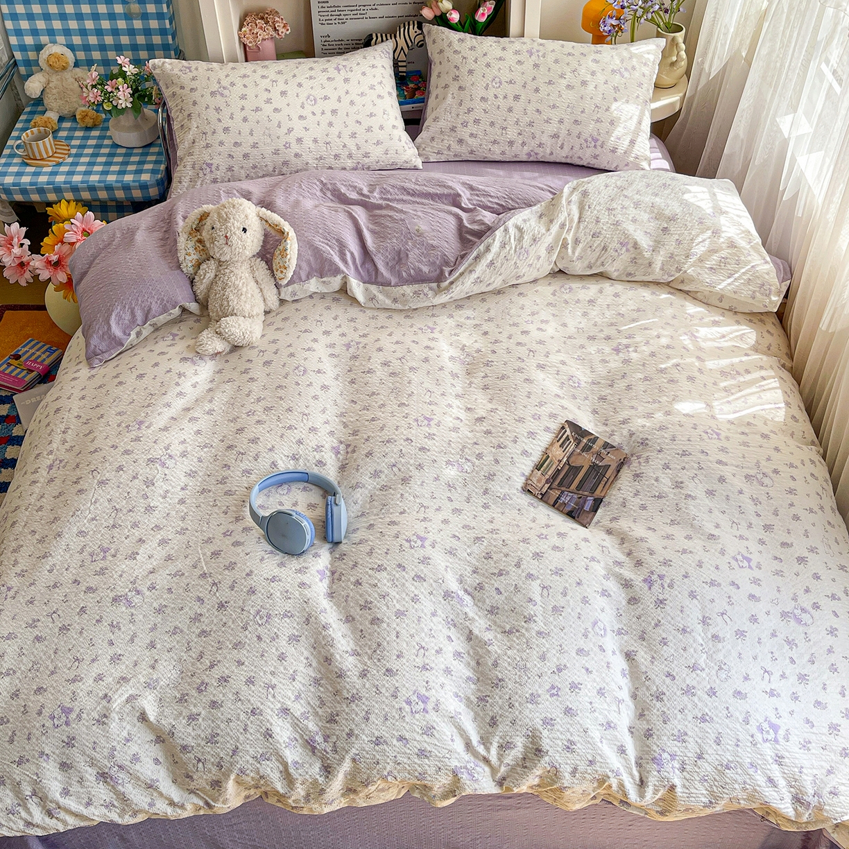 91家纺网 家纺一手货源 找家纺 N先生+V 13814689556 发大图/买家秀 2026新款A类软糯糯泡芙纱四件套 紫梦花语