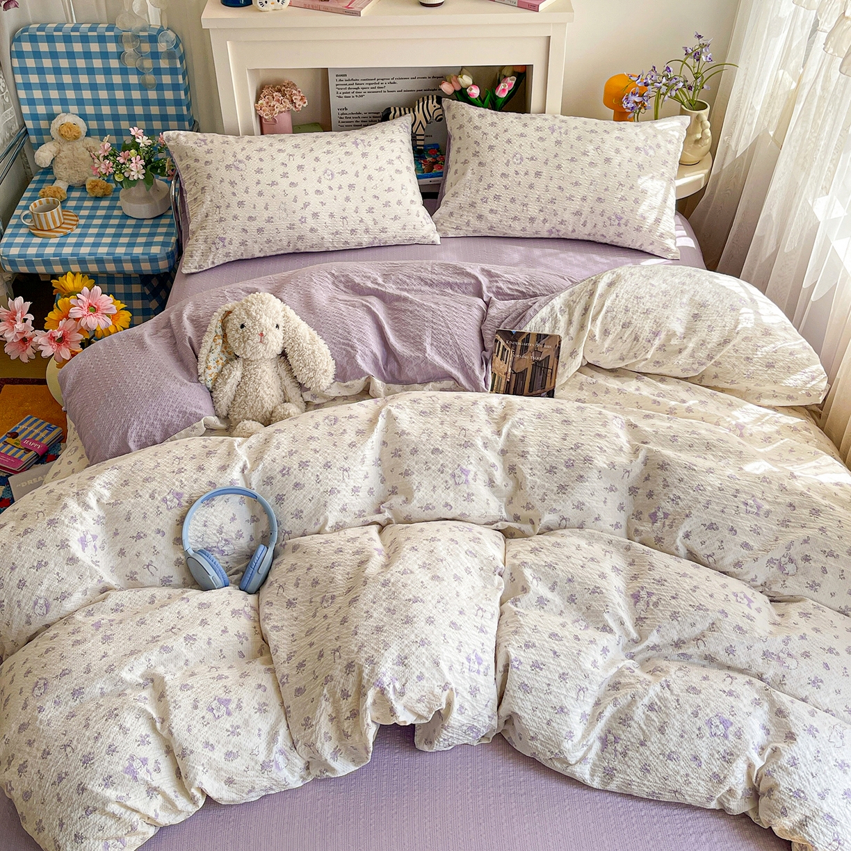 91家纺网 家纺一手货源 找家纺 N先生+V 13814689556 发大图/买家秀 2026新款A类软糯糯泡芙纱四件套 紫梦花语