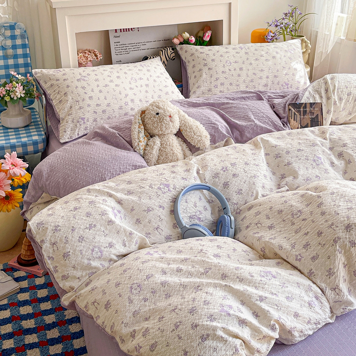 91家纺网 家纺一手货源 找家纺 N先生+V 13814689556 发大图/买家秀 2026新款A类软糯糯泡芙纱四件套 紫梦花语