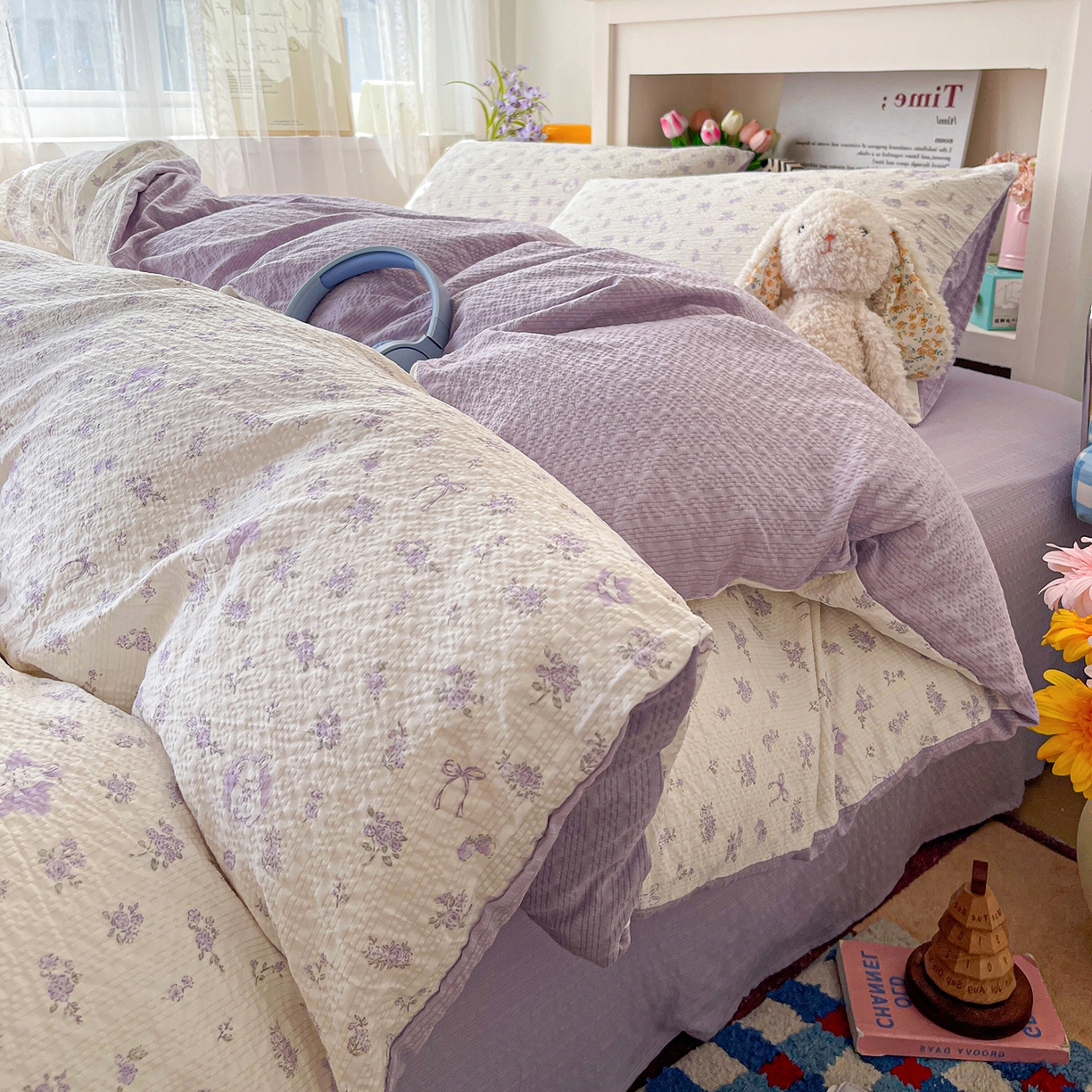 91家纺网 家纺一手货源 找家纺 N先生+V 13814689556 发大图/买家秀 2026新款A类软糯糯泡芙纱四件套 紫梦花语