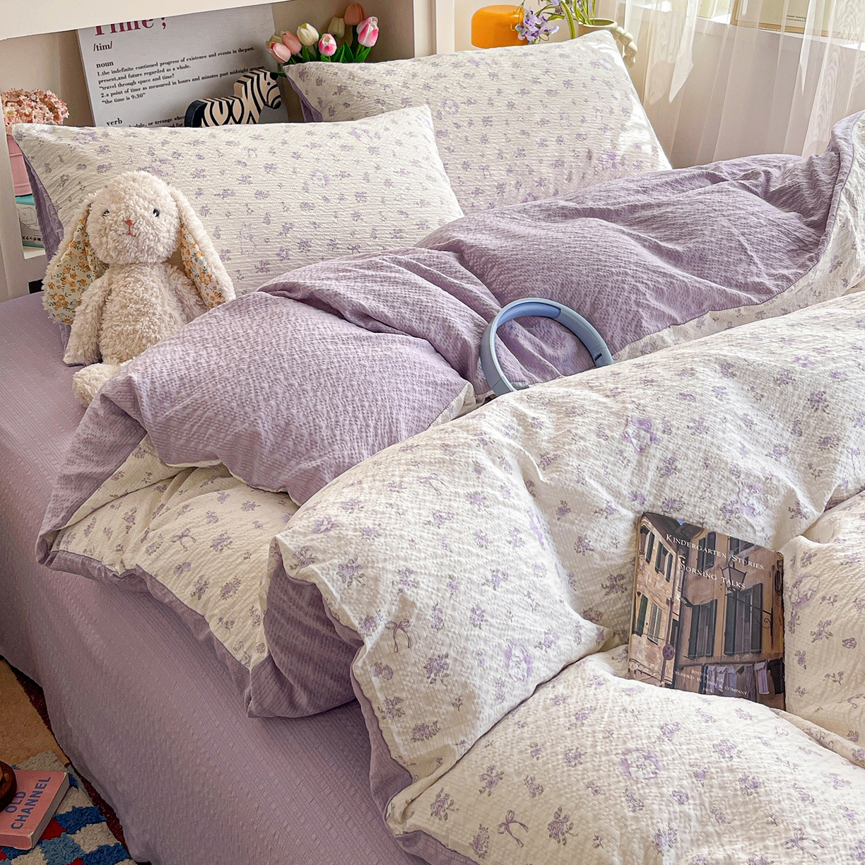 91家纺网 家纺一手货源 找家纺 N先生+V 13814689556 发大图/买家秀 2026新款A类软糯糯泡芙纱四件套 紫梦花语