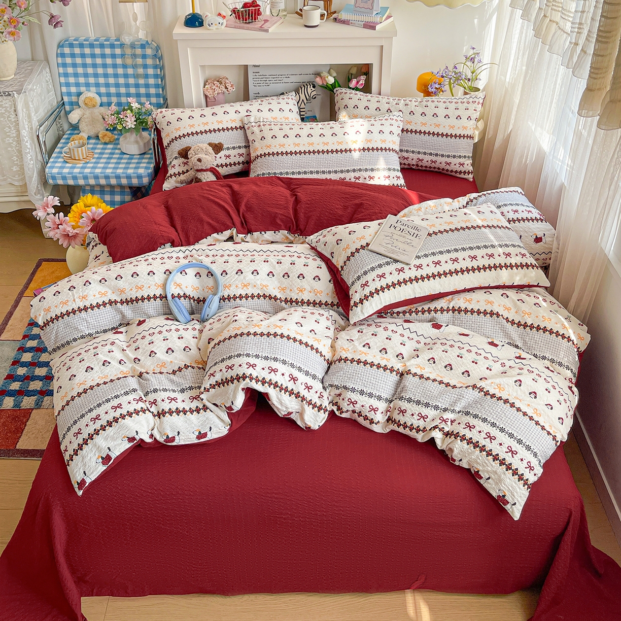 91家纺网 家纺一手货源 找家纺 N先生+V 13814689556 发大图/买家秀 2026新款A类软糯糯泡芙纱四件套 费尔岛小狗