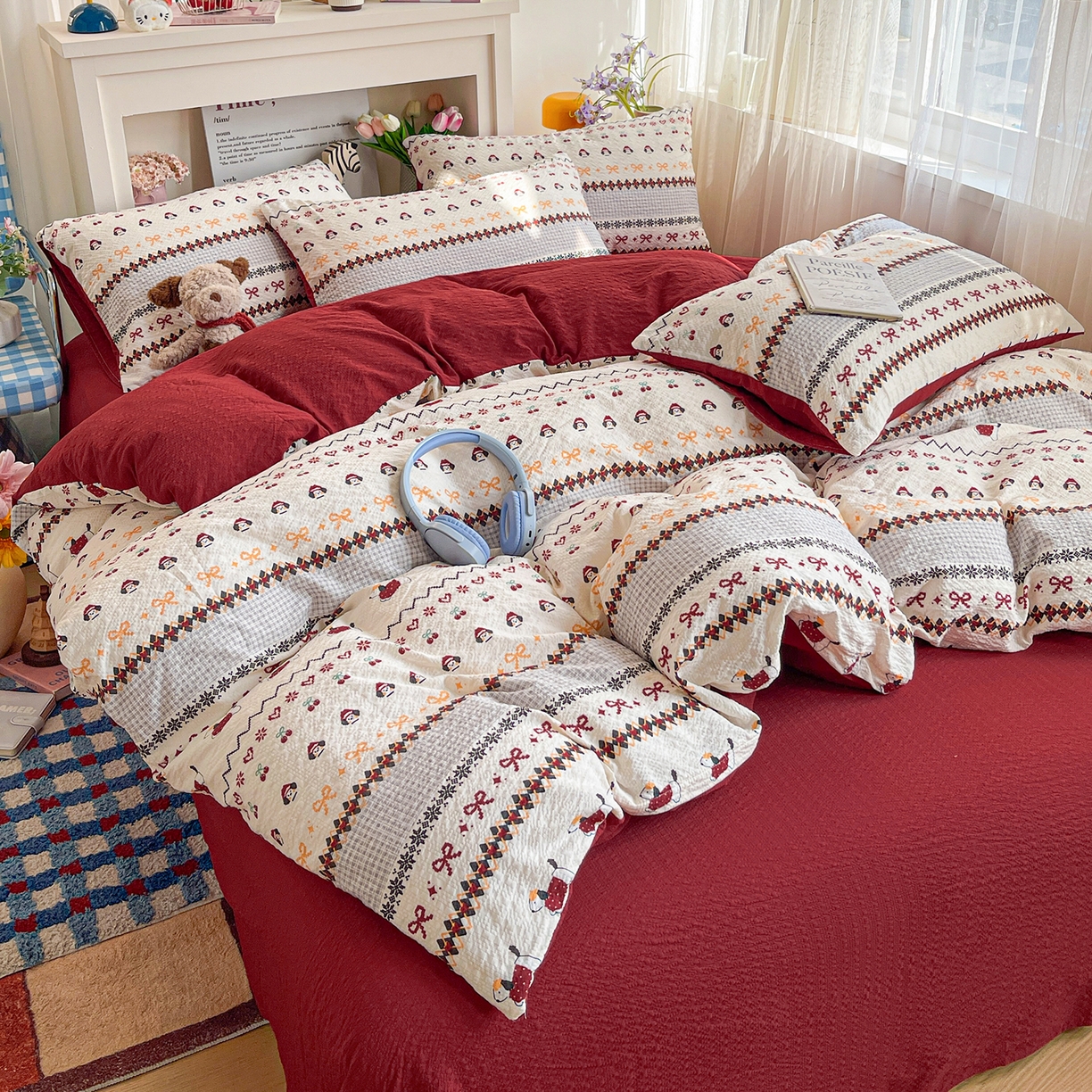 91家纺网 家纺一手货源 找家纺 N先生+V 13814689556 发大图/买家秀 2026新款A类软糯糯泡芙纱四件套 费尔岛小狗