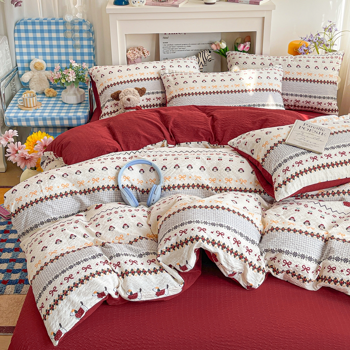 91家纺网 家纺一手货源 找家纺 N先生+V 13814689556 发大图/买家秀 2026新款A类软糯糯泡芙纱四件套 费尔岛小狗