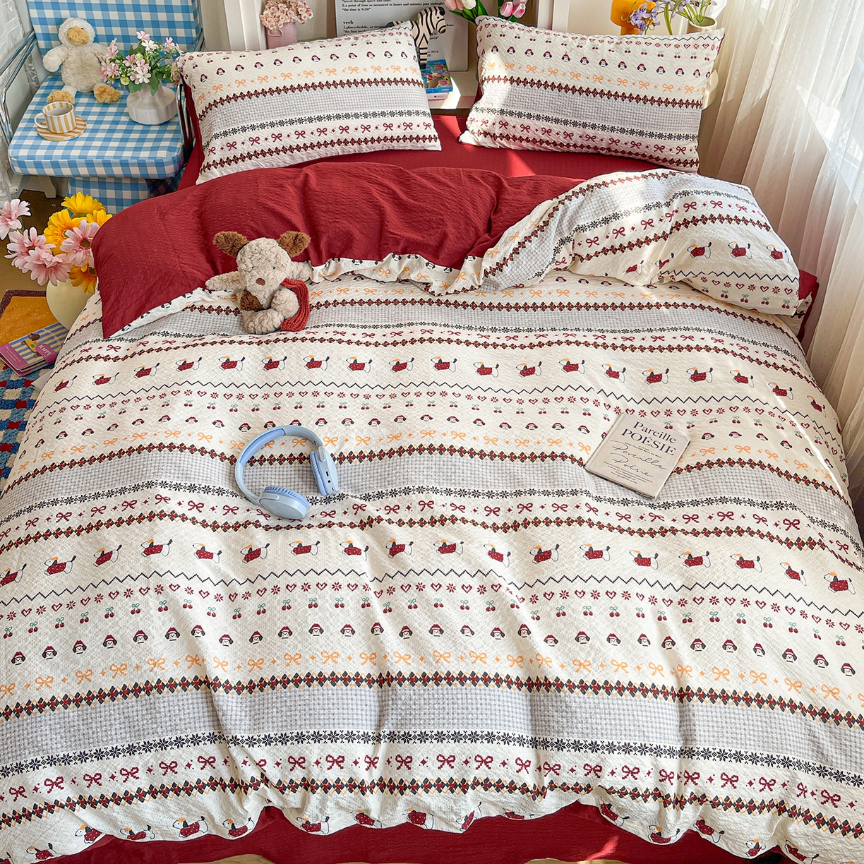 91家纺网 家纺一手货源 找家纺 N先生+V 13814689556 发大图/买家秀 2026新款A类软糯糯泡芙纱四件套 费尔岛小狗