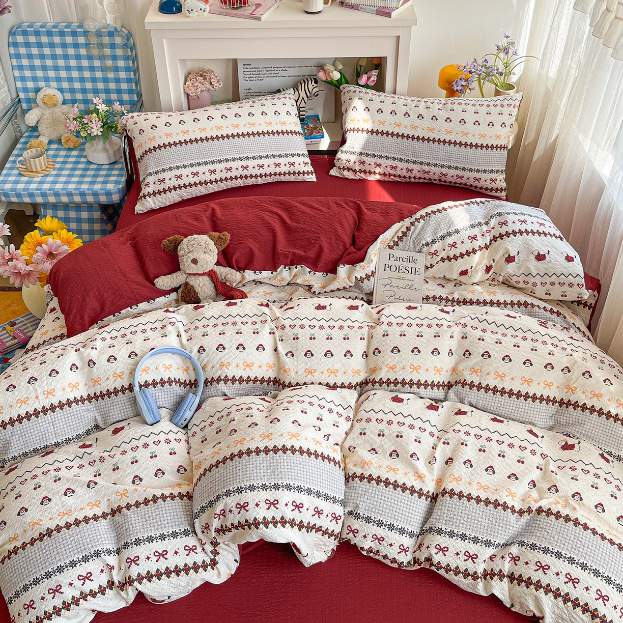 91家纺网 家纺一手货源 找家纺 N先生+V 13814689556 发大图/买家秀 2026新款A类软糯糯泡芙纱四件套 费尔岛小狗