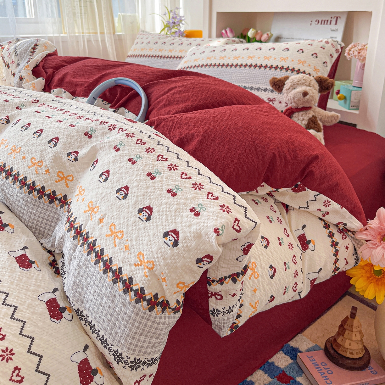 91家纺网 家纺一手货源 找家纺 N先生+V 13814689556 发大图/买家秀 2026新款A类软糯糯泡芙纱四件套 费尔岛小狗