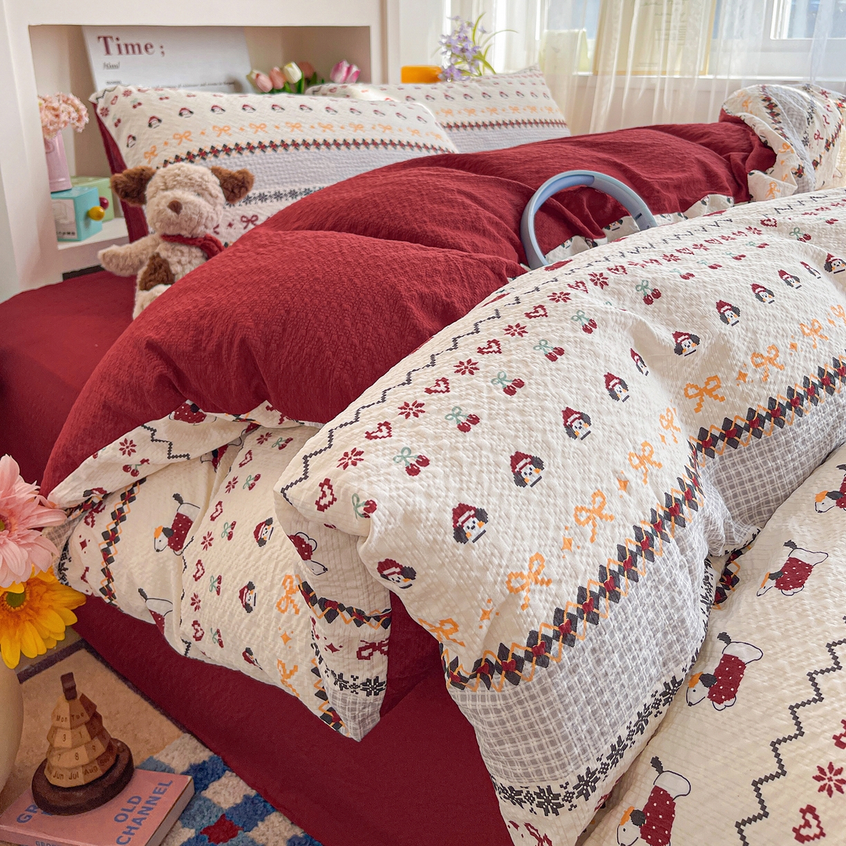 91家纺网 家纺一手货源 找家纺 N先生+V 13814689556 发大图/买家秀 2026新款A类软糯糯泡芙纱四件套 费尔岛小狗