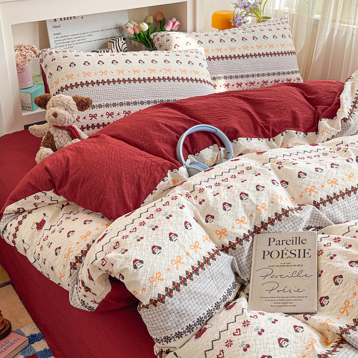 91家纺网 家纺一手货源 找家纺 N先生+V 13814689556 发大图/买家秀 2026新款A类软糯糯泡芙纱四件套 费尔岛小狗