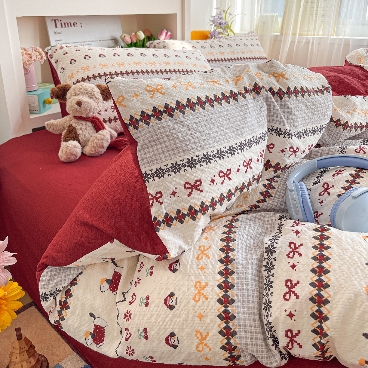 91家纺网 家纺一手货源 找家纺 N先生+V 13814689556 发大图/买家秀 2026新款A类软糯糯泡芙纱四件套 费尔岛小狗