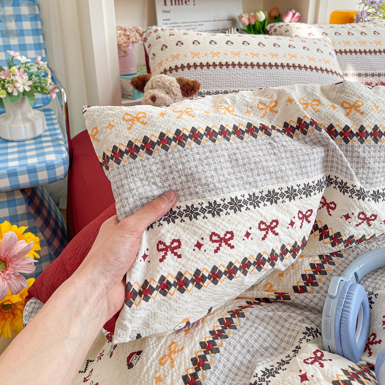 91家纺网 家纺一手货源 找家纺 N先生+V 13814689556 发大图/买家秀 2026新款A类软糯糯泡芙纱四件套 费尔岛小狗