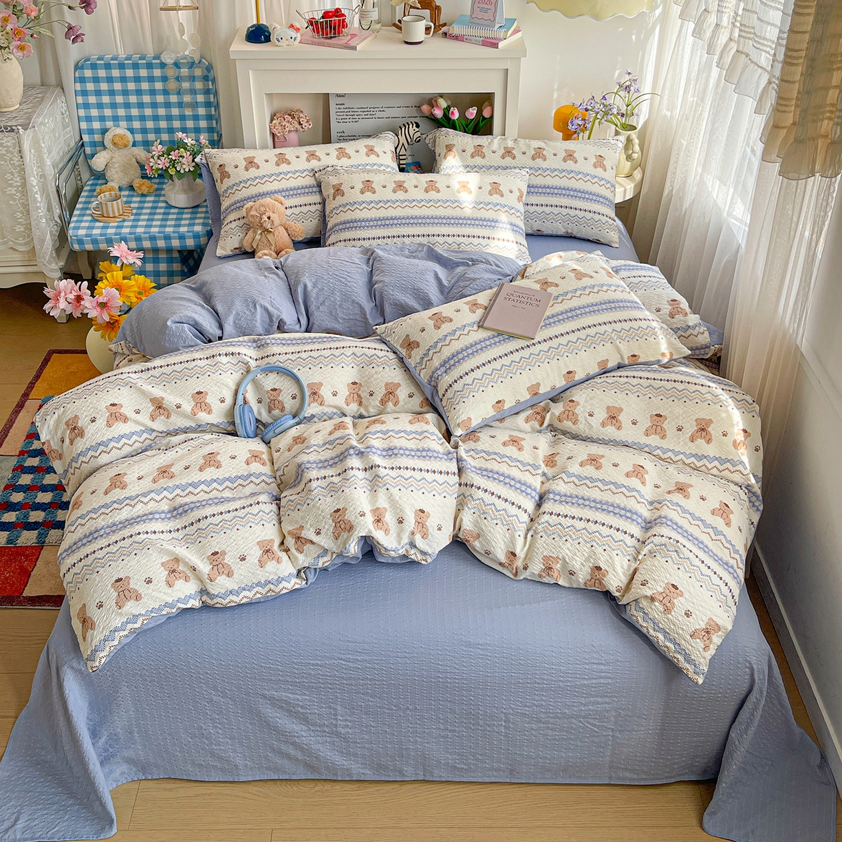 91家纺网 家纺一手货源 找家纺 N先生+V 13814689556 发大图/买家秀 2026新款A类软糯糯泡芙纱四件套 费尔岛小熊