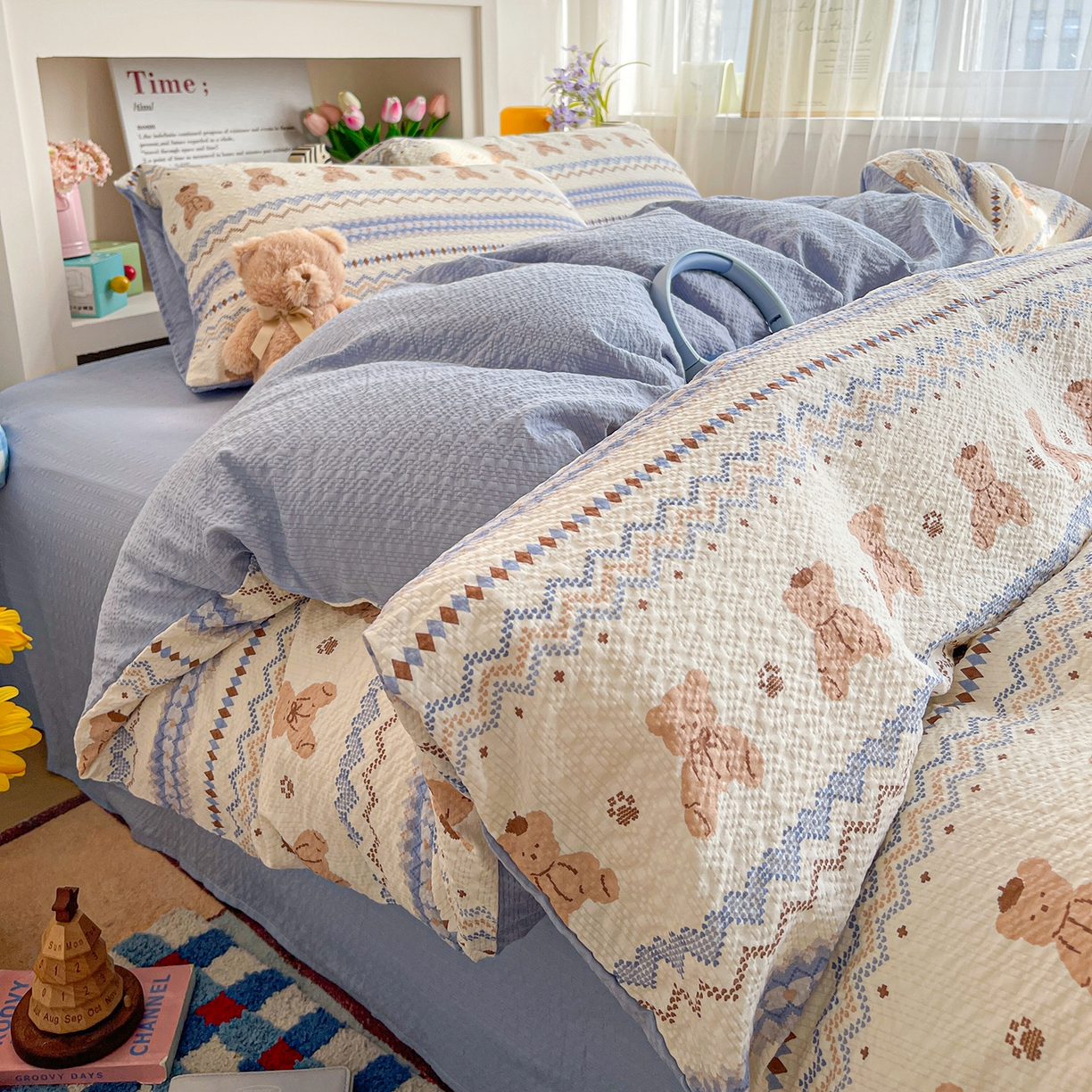 91家纺网 家纺一手货源 找家纺 N先生+V 13814689556 发大图/买家秀 2026新款A类软糯糯泡芙纱四件套 费尔岛小熊