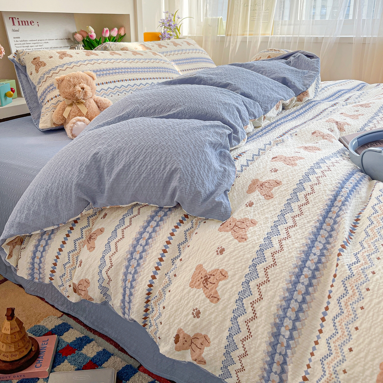 91家纺网 家纺一手货源 找家纺 N先生+V 13814689556 发大图/买家秀 2026新款A类软糯糯泡芙纱四件套 费尔岛小熊