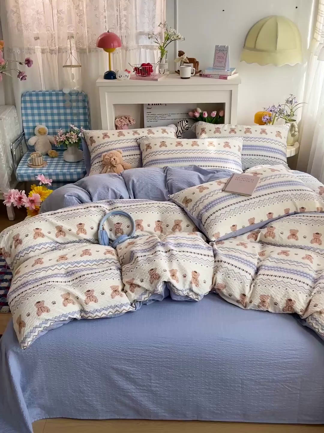 91家纺网 家纺一手货源 找家纺 N先生+V 13814689556 发大图/买家秀 2026新款A类软糯糯泡芙纱四件套 费尔岛小熊