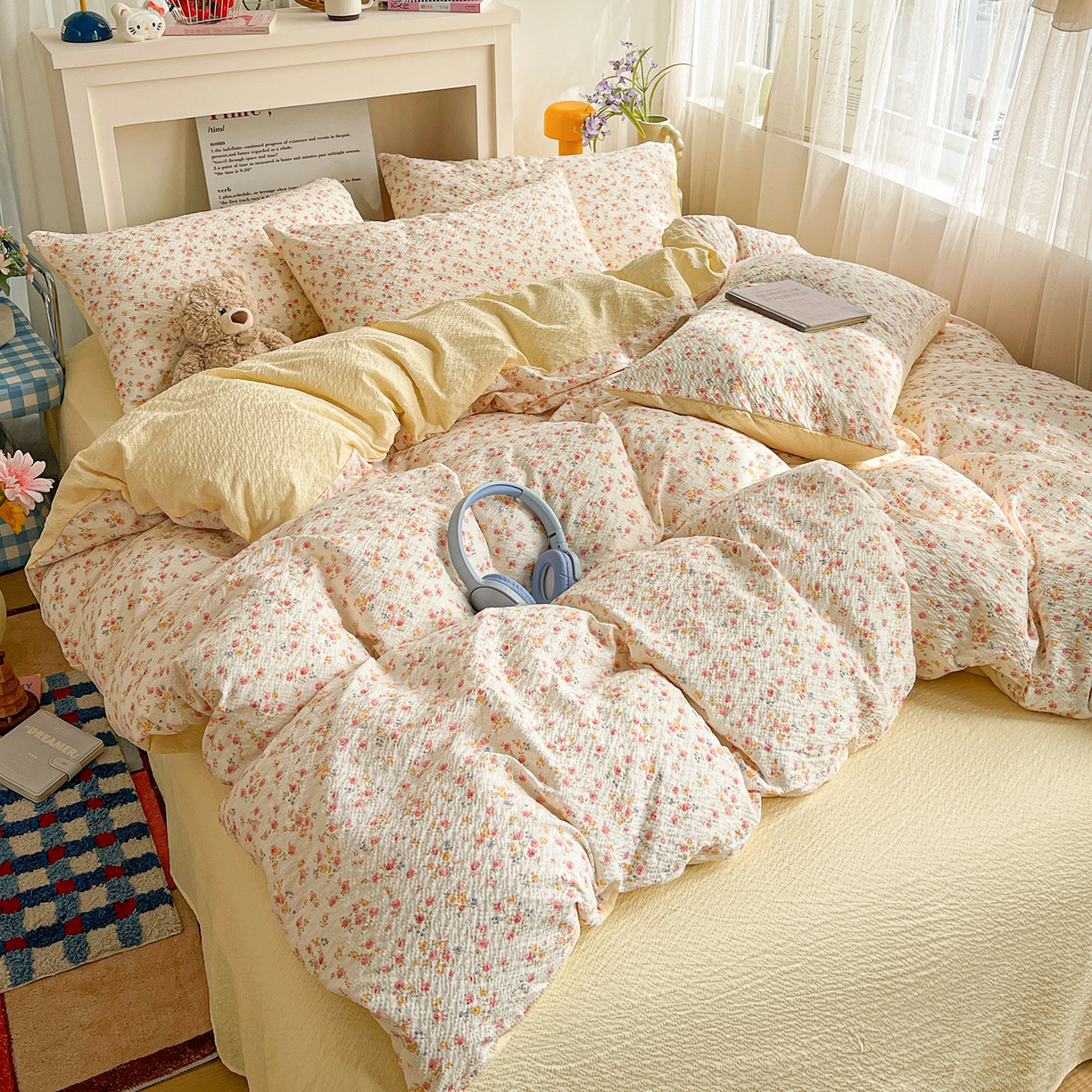 91家纺网 家纺一手货源 找家纺 N先生+V 13814689556 发大图/买家秀 2026新款A类软糯糯泡芙纱四件套 花溪