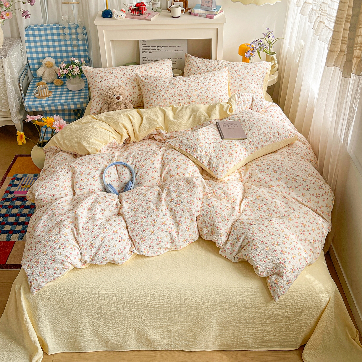 91家纺网 家纺一手货源 找家纺 N先生+V 13814689556 发大图/买家秀 2026新款A类软糯糯泡芙纱四件套 花溪