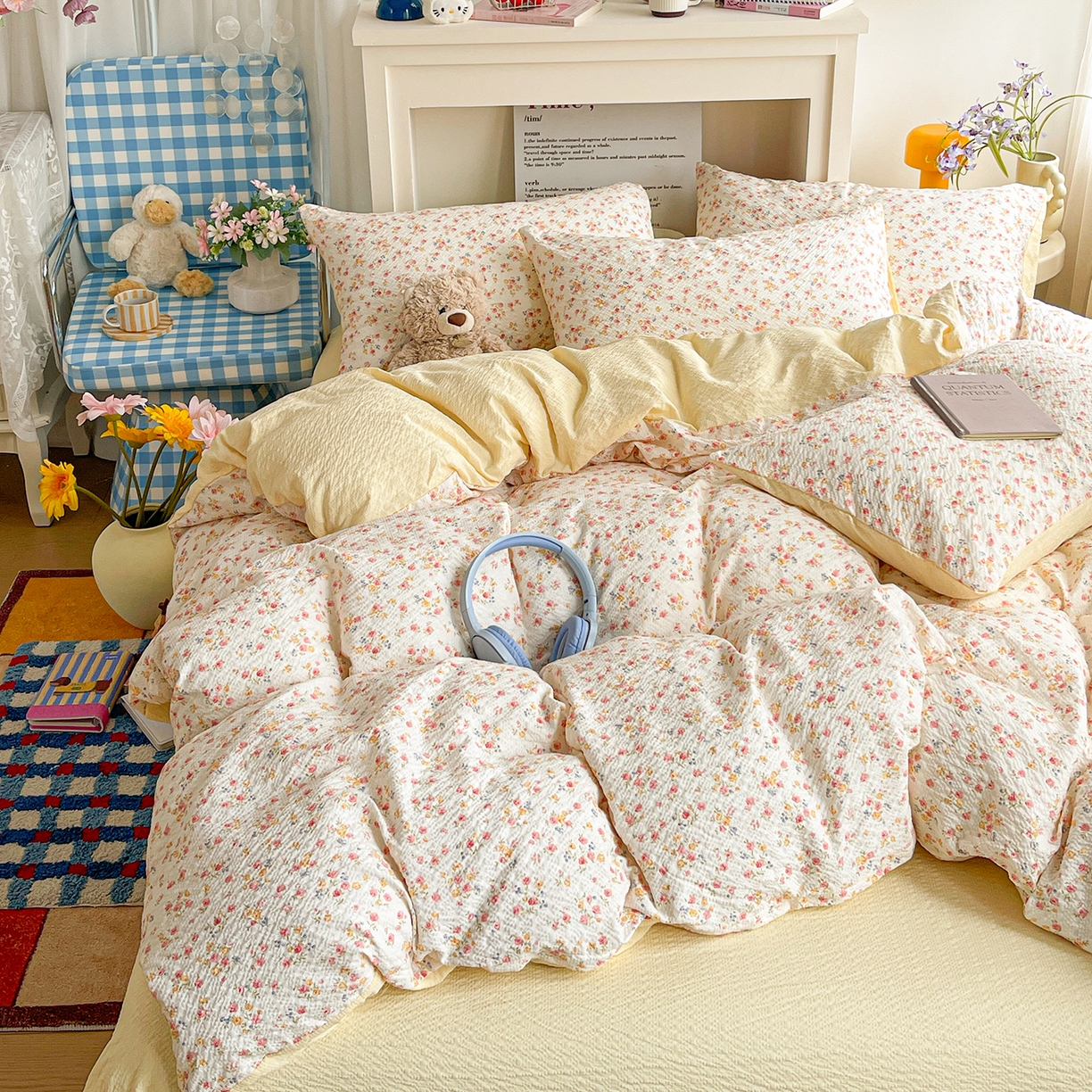 91家纺网 家纺一手货源 找家纺 N先生+V 13814689556 发大图/买家秀 2026新款A类软糯糯泡芙纱四件套 花溪