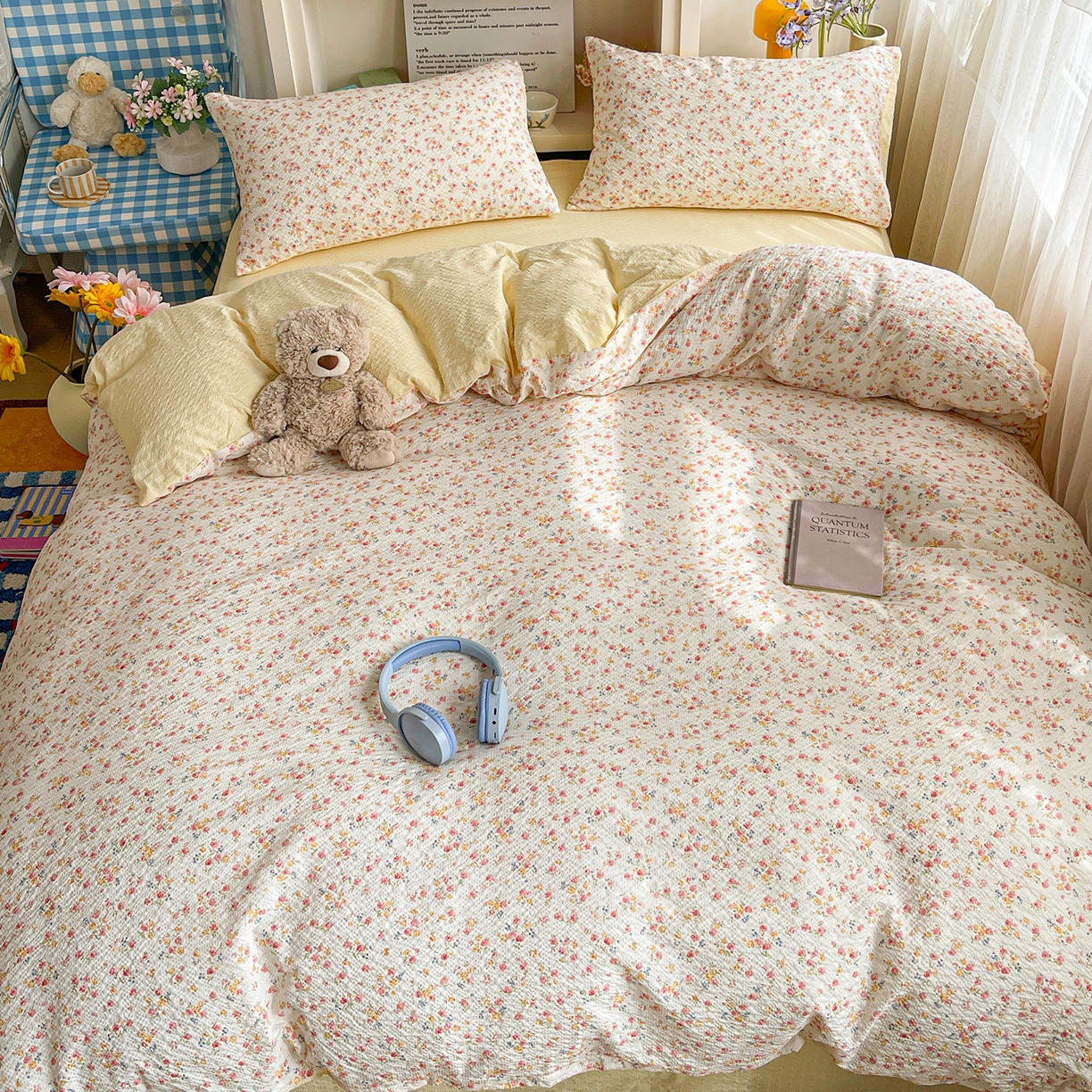 91家纺网 家纺一手货源 找家纺 N先生+V 13814689556 发大图/买家秀 2026新款A类软糯糯泡芙纱四件套 花溪