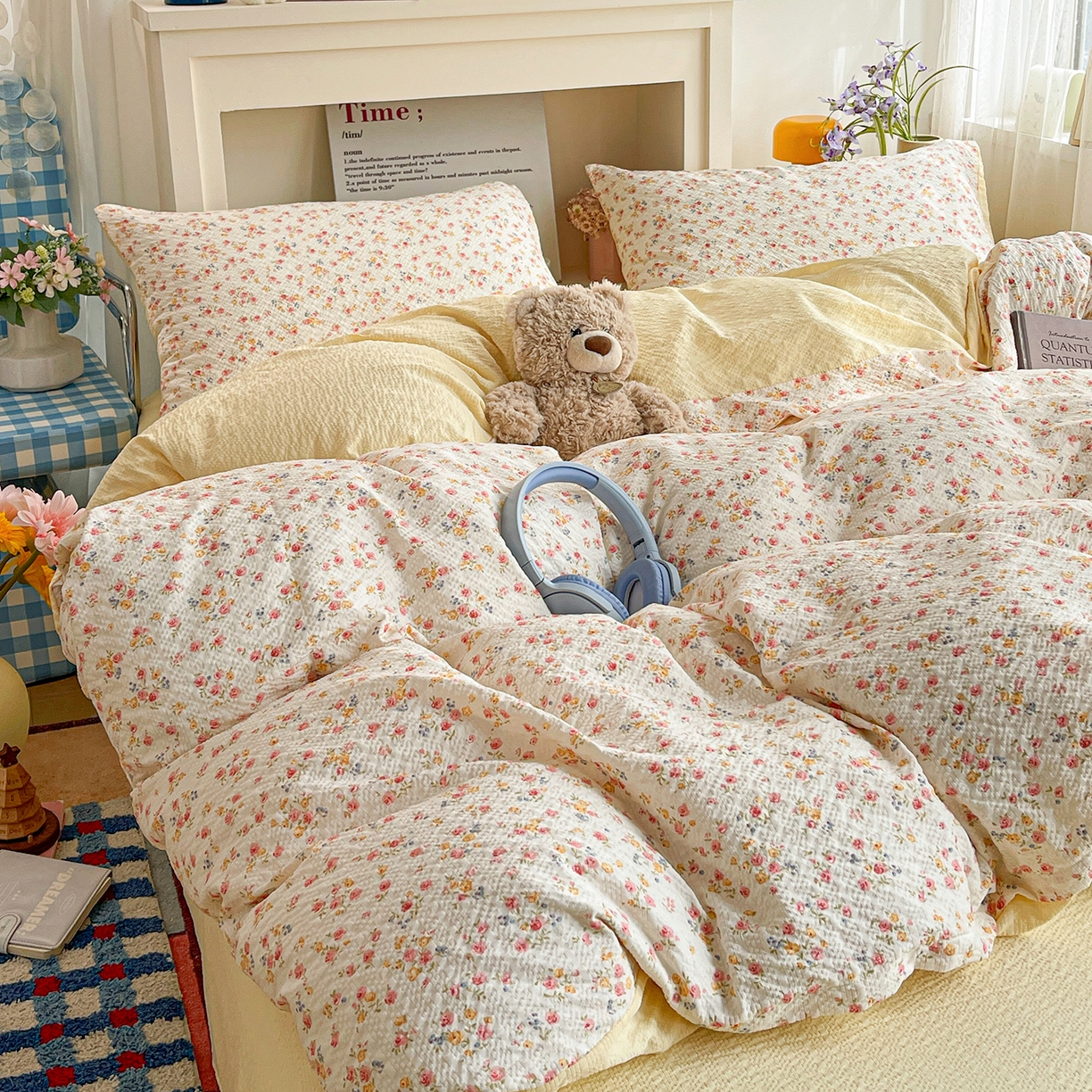 91家纺网 家纺一手货源 找家纺 N先生+V 13814689556 发大图/买家秀 2026新款A类软糯糯泡芙纱四件套 花溪