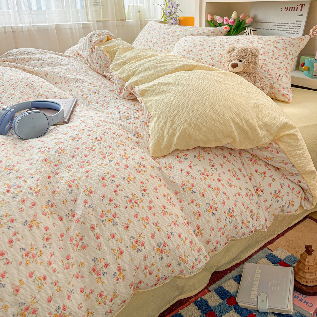 91家纺网 家纺一手货源 找家纺 N先生+V 13814689556 发大图/买家秀 2026新款A类软糯糯泡芙纱四件套 花溪