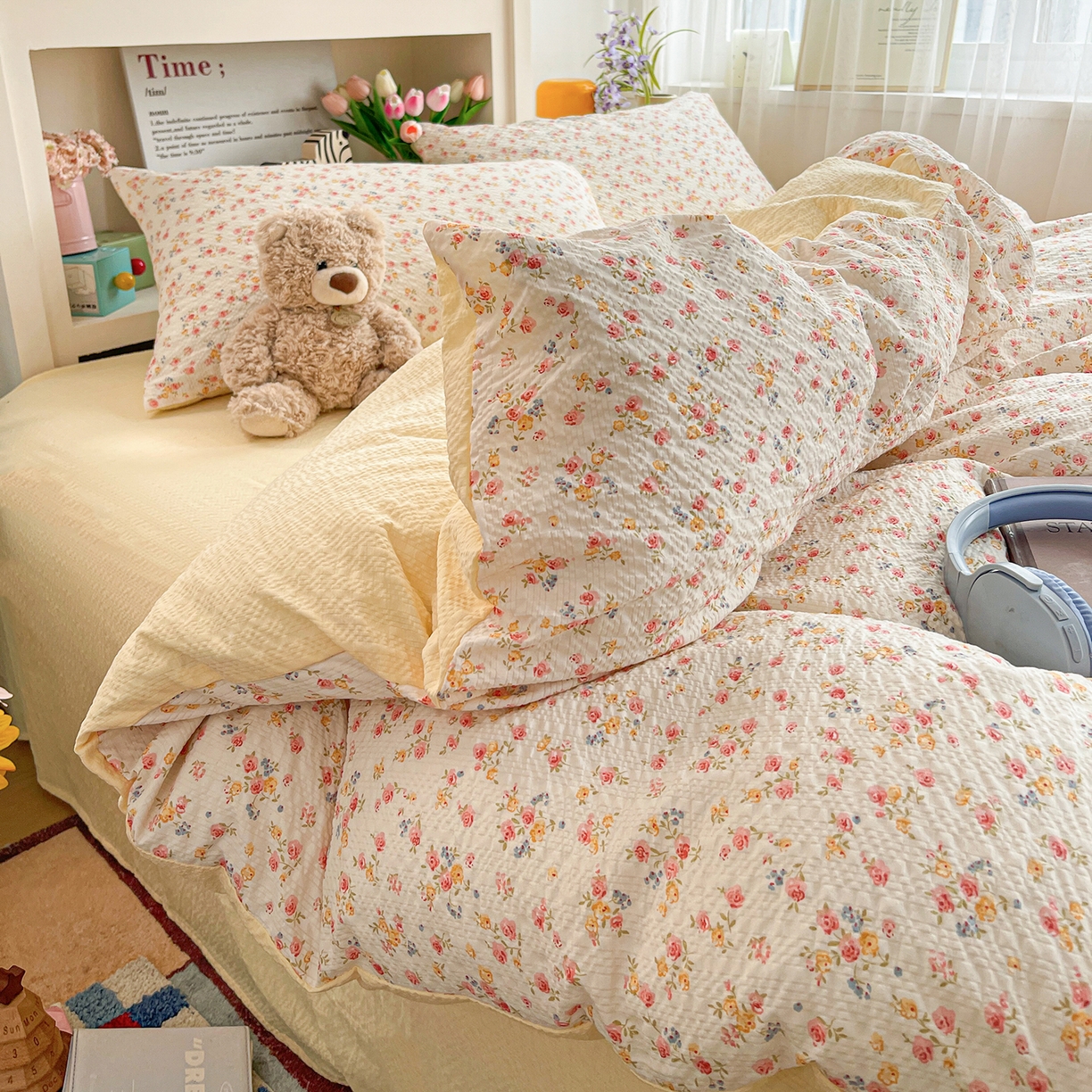 91家纺网 家纺一手货源 找家纺 N先生+V 13814689556 发大图/买家秀 2026新款A类软糯糯泡芙纱四件套 花溪