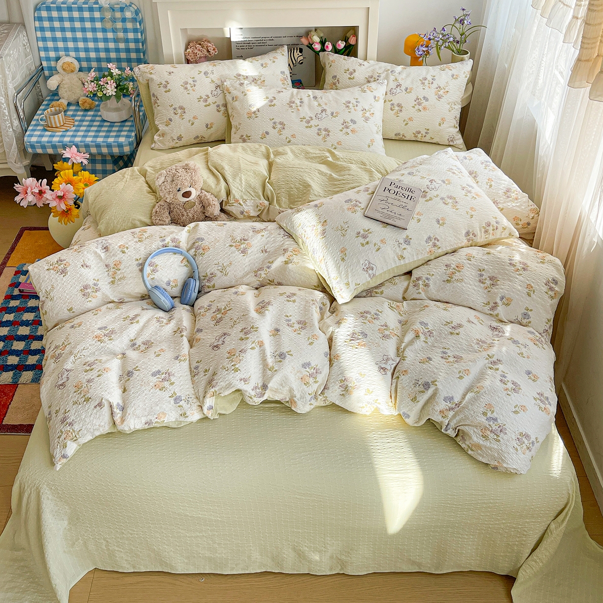 91家纺网 家纺一手货源 找家纺 N先生+V 13814689556 发大图/买家秀 2026新款A类软糯糯泡芙纱四件套 花园猫咪