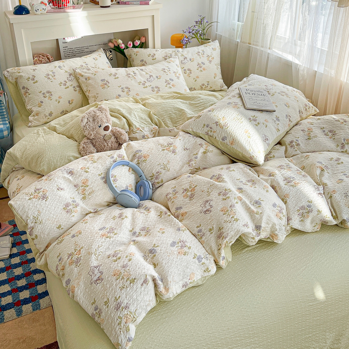 91家纺网 家纺一手货源 找家纺 N先生+V 13814689556 发大图/买家秀 2026新款A类软糯糯泡芙纱四件套 花园猫咪