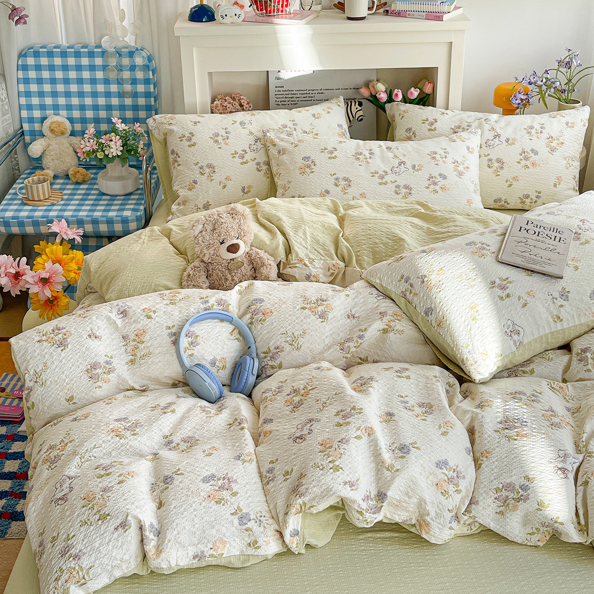 91家纺网 家纺一手货源 找家纺 N先生+V 13814689556 发大图/买家秀 2026新款A类软糯糯泡芙纱四件套 花园猫咪