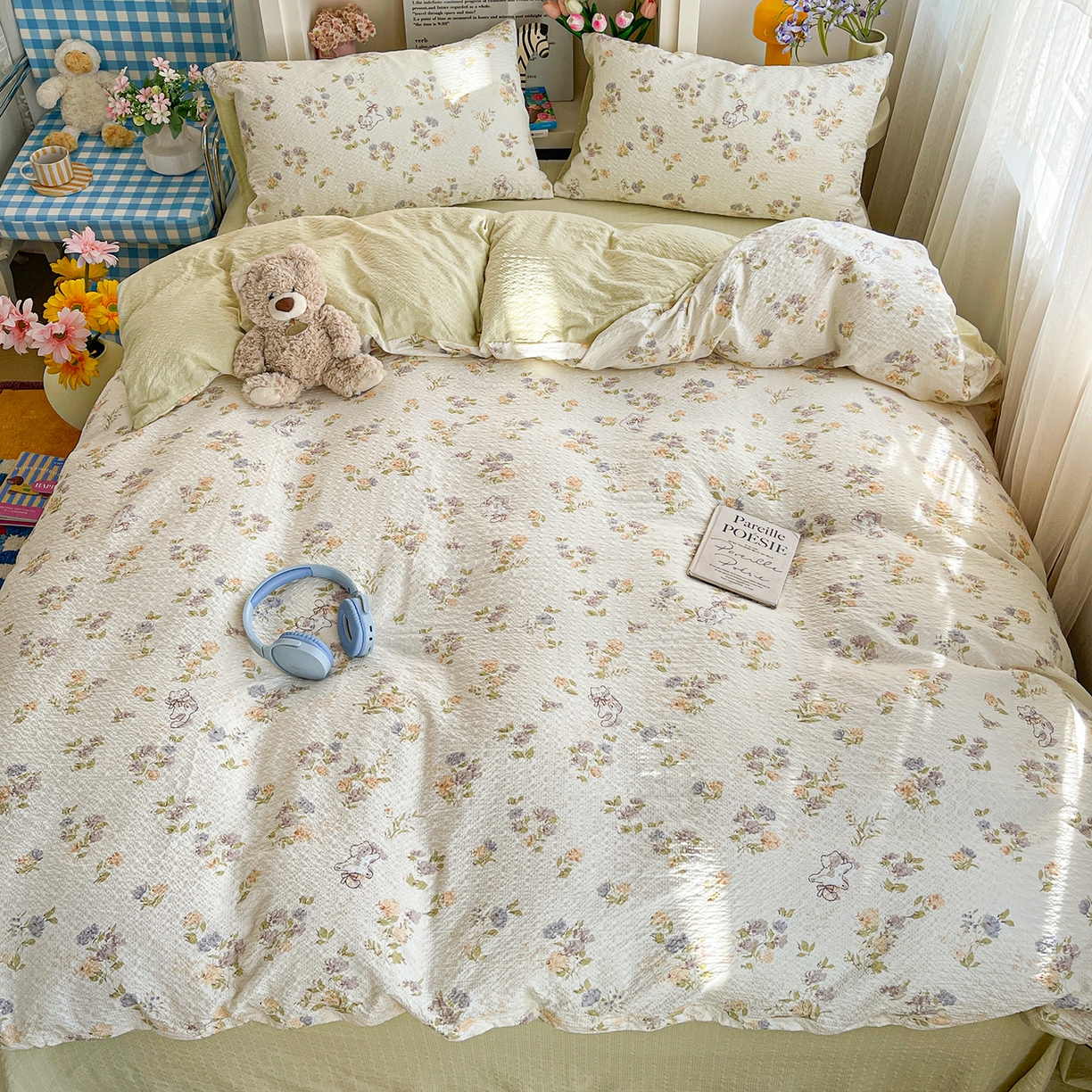 91家纺网 家纺一手货源 找家纺 N先生+V 13814689556 发大图/买家秀 2026新款A类软糯糯泡芙纱四件套 花园猫咪