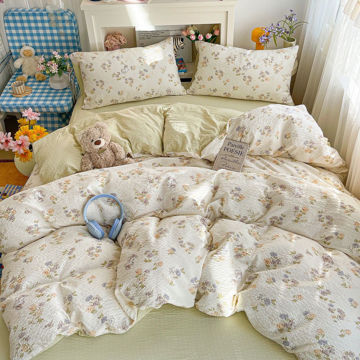 91家纺网 家纺一手货源 找家纺 N先生+V 13814689556 发大图/买家秀 2026新款A类软糯糯泡芙纱四件套 花园猫咪