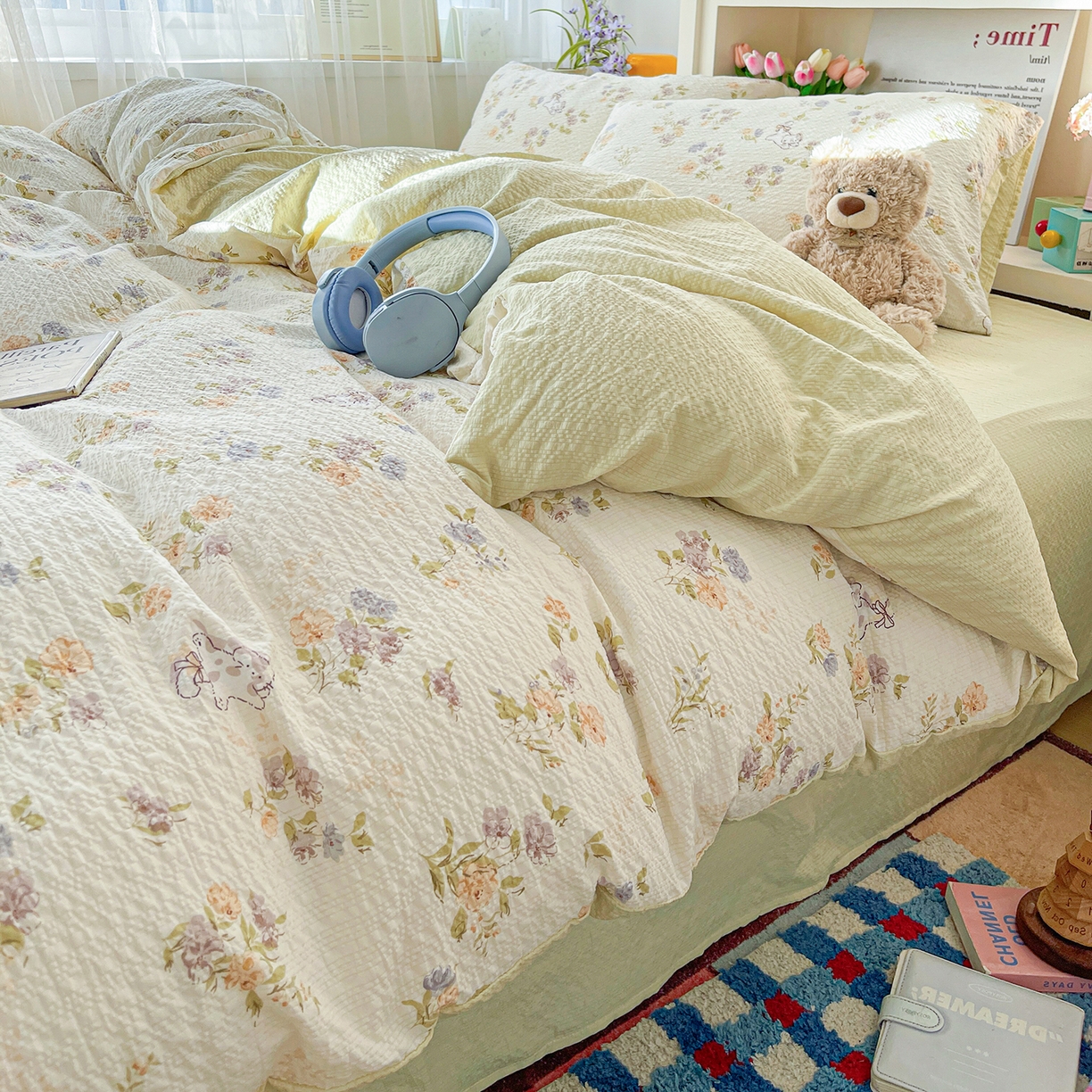 91家纺网 家纺一手货源 找家纺 N先生+V 13814689556 发大图/买家秀 2026新款A类软糯糯泡芙纱四件套 花园猫咪