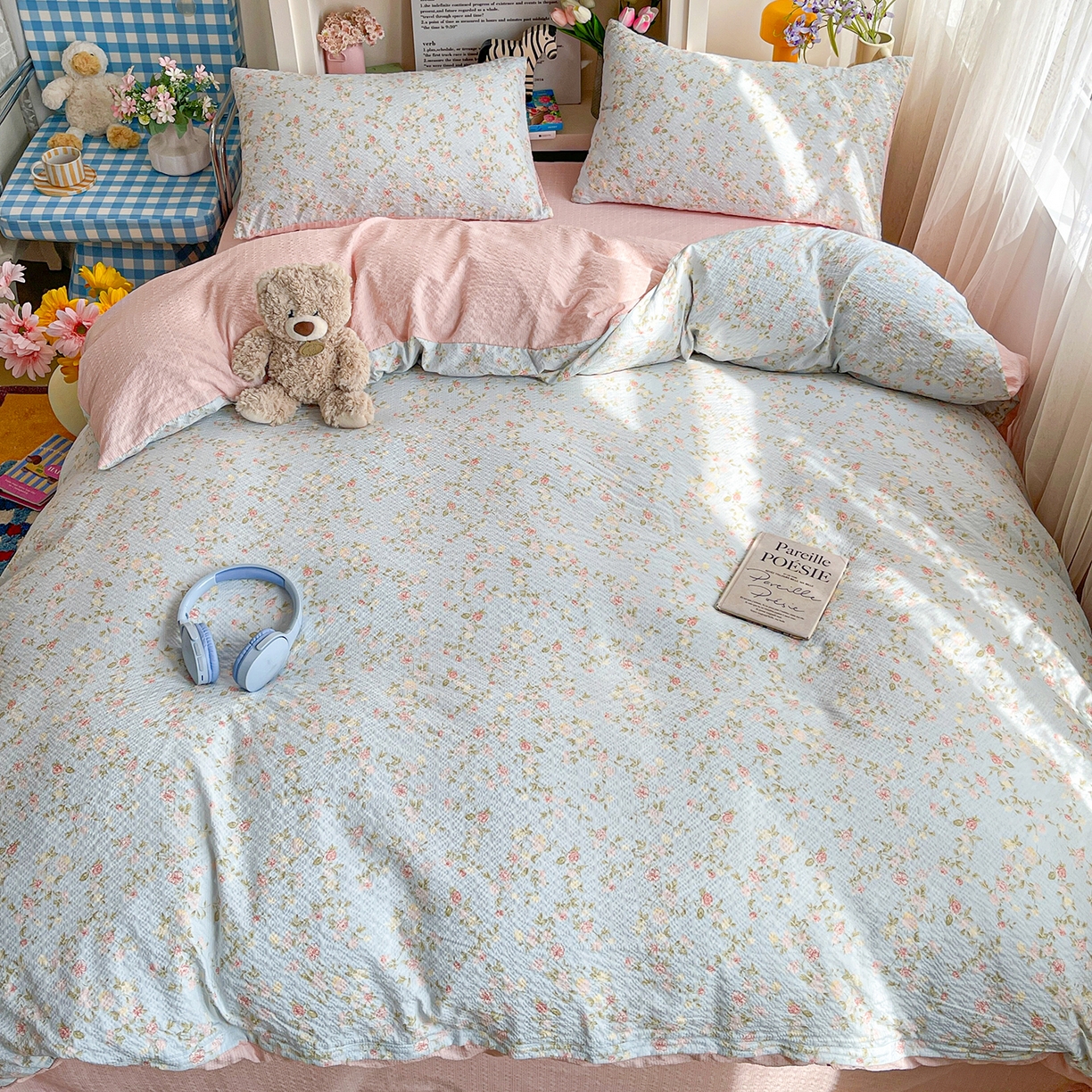 91家纺网 家纺一手货源 找家纺 N先生+V 13814689556 发大图/买家秀 2026新款A类软糯糯泡芙纱四件套 若棠