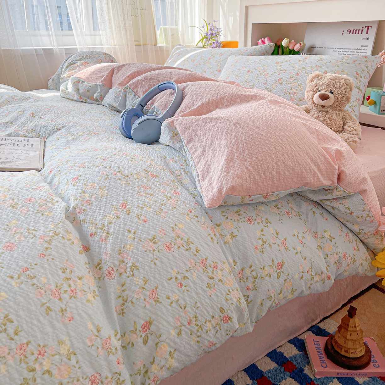 91家纺网 家纺一手货源 找家纺 N先生+V 13814689556 发大图/买家秀 2026新款A类软糯糯泡芙纱四件套 若棠