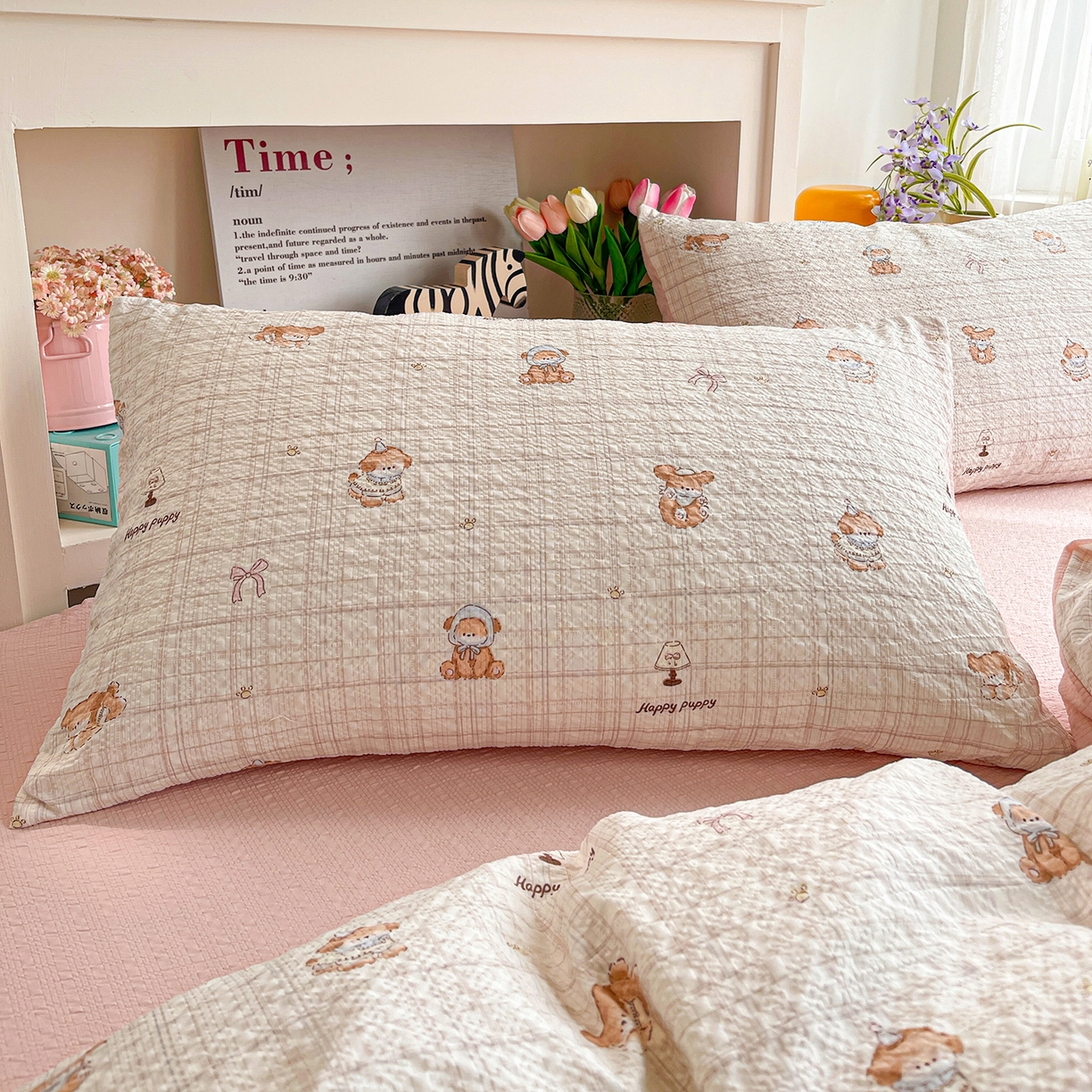 91家纺网 家纺一手货源 找家纺 N先生+V 13814689556 发大图/买家秀 2026新款A类软糯糯泡芙纱四件套 甜心萌宠