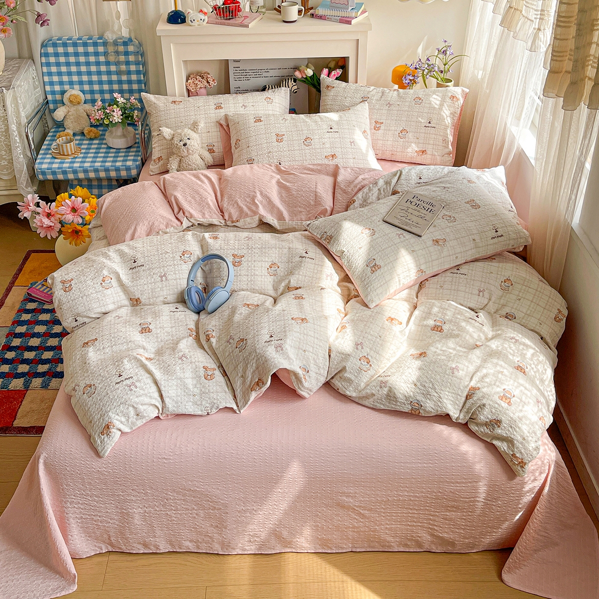 91家纺网 家纺一手货源 找家纺 N先生+V 13814689556 发大图/买家秀 2026新款A类软糯糯泡芙纱四件套 甜心萌宠