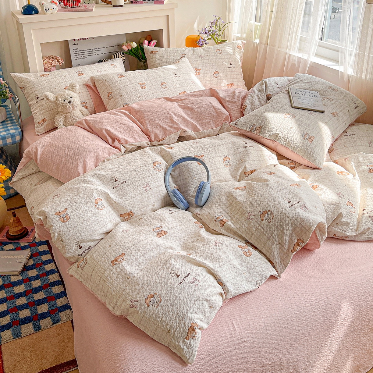 91家纺网 家纺一手货源 找家纺 N先生+V 13814689556 发大图/买家秀 2026新款A类软糯糯泡芙纱四件套 甜心萌宠