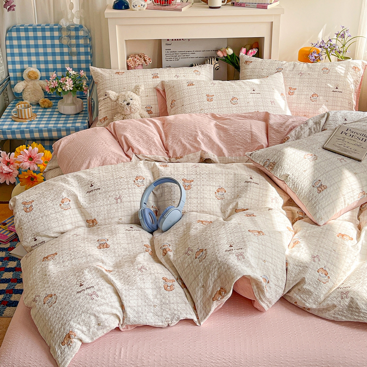 91家纺网 家纺一手货源 找家纺 N先生+V 13814689556 发大图/买家秀 2026新款A类软糯糯泡芙纱四件套 甜心萌宠