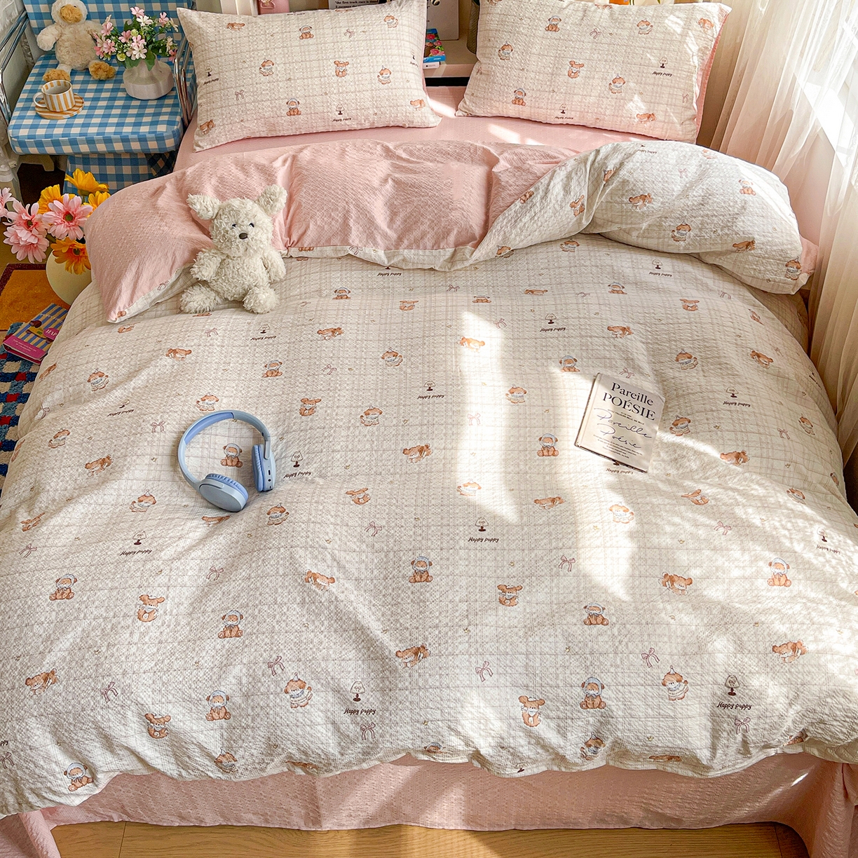 91家纺网 家纺一手货源 找家纺 N先生+V 13814689556 发大图/买家秀 2026新款A类软糯糯泡芙纱四件套 甜心萌宠