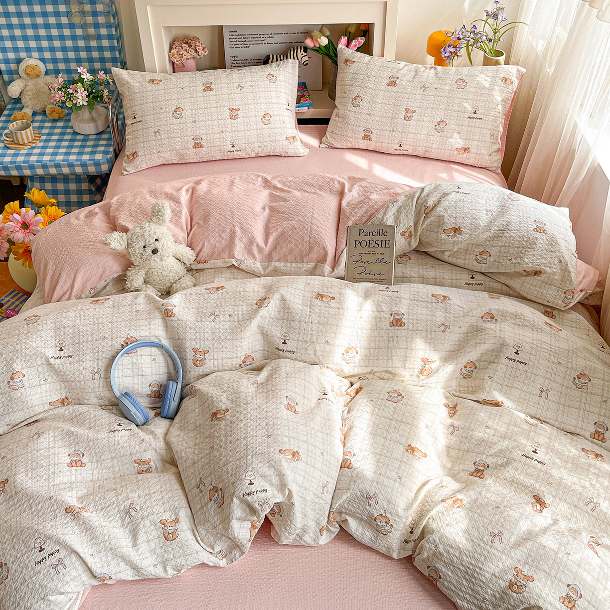 91家纺网 家纺一手货源 找家纺 N先生+V 13814689556 发大图/买家秀 2026新款A类软糯糯泡芙纱四件套 甜心萌宠